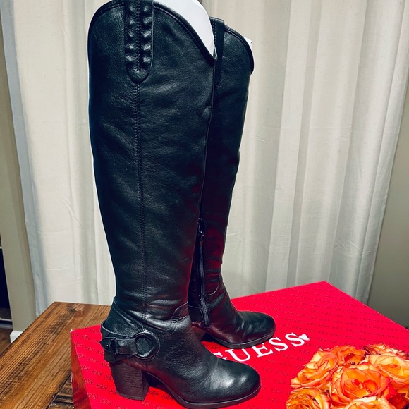 Guess Tabard Black Leather Tall Heeled Boots - Picture 9 of 13